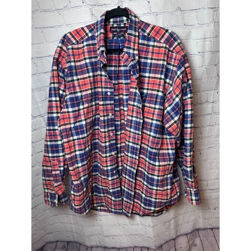 Ralph Lauren Plaid Button Down Shirt Long Sleeve Big Shirt Cotton